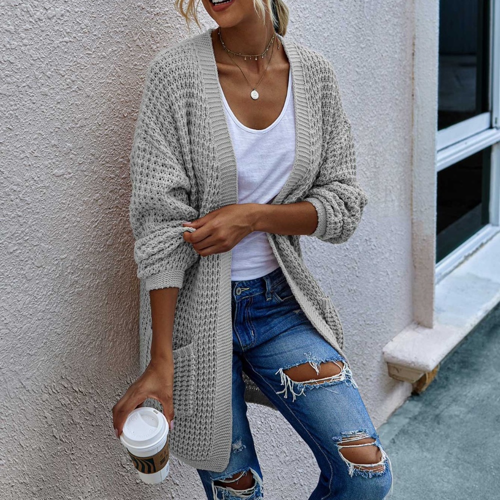 Beige Cream Cozy chunky knit open front cardigan - Picture 4 of 11